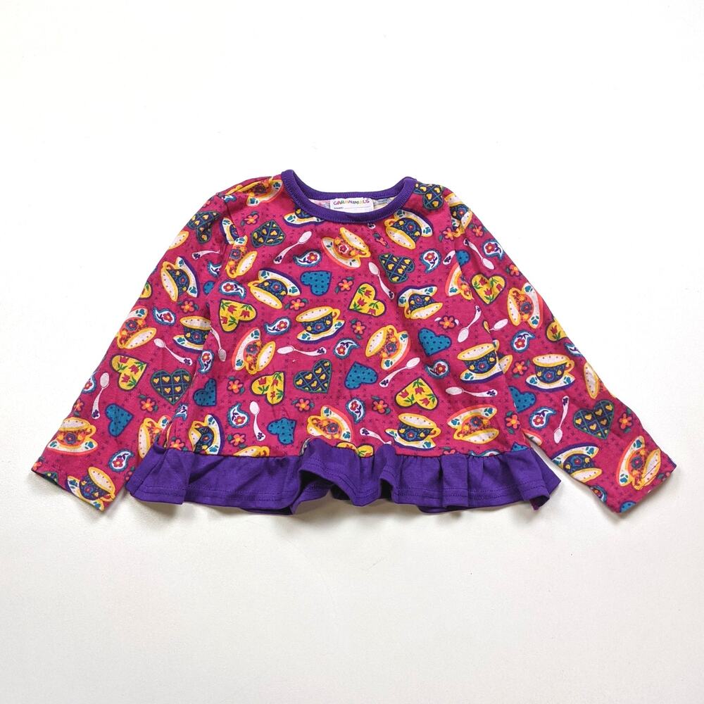 Vintage 90s Garanimals Top Shirt Girls 18m Pink Tea Cup Everyday Casual Ruffle